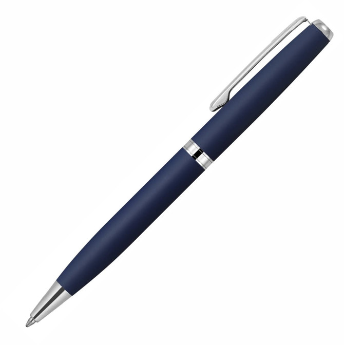 A navy blue ballpoint pen with a silver clip and band, featuring a sleek, modern design.