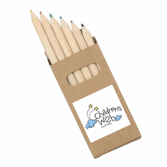 A pack of six natural wood half pencils in various colours, displayed in a simple cardboard box with a logo.