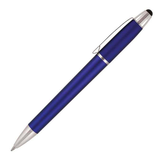 A blue ballpoint pen with a stylus tip and a silver clip. The pen has a sleek, matte finish.