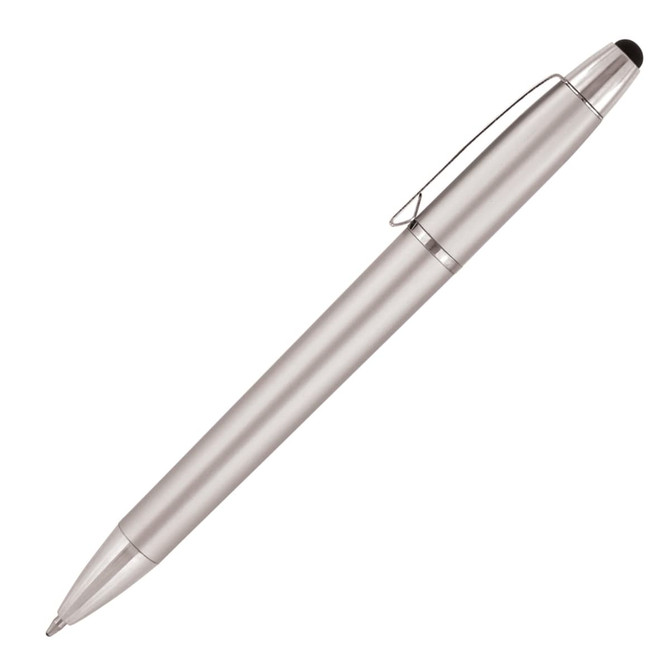 A silver plastic ballpoint pen with a stylus tip and a clip. The pen has a sleek, modern design.