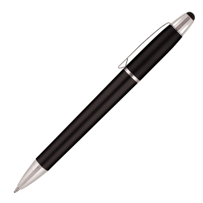 A black ballpoint pen with a stylus tip and silver accents, featuring a clip for attachment.