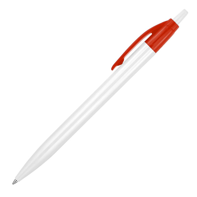 A plastic ballpoint pen with a white barrel and a red clip and tip. It features a logo on the side.