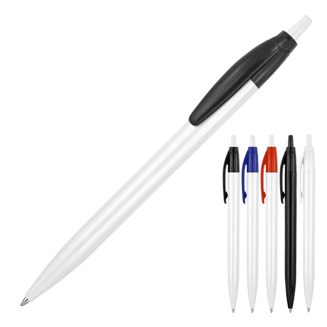 A ballpoint pen in white with a black cap, accompanied by additional pens in black, red, white, and blue.