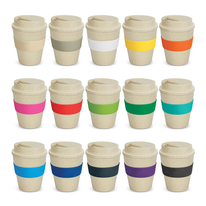 A range of reusable cups in natural colour with various coloured silicone bands. Each cup has a lid and a logo.