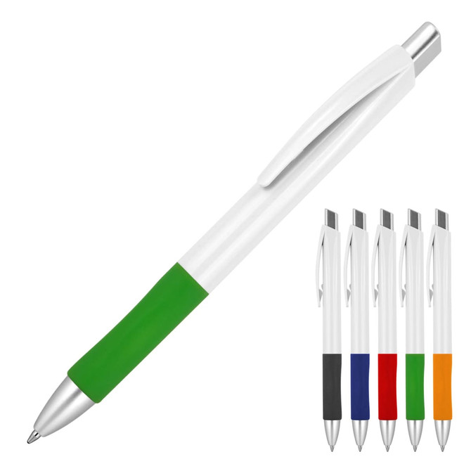 A ballpoint pen with a white body and a green grip, alongside options in black, blue, red, and orange. Features a logo.