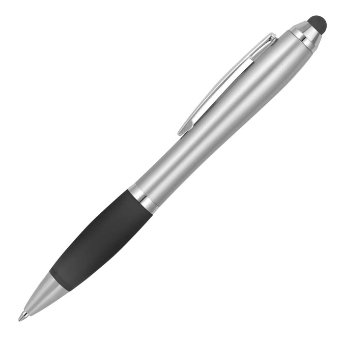 A silver ballpoint pen with a stylus tip and a black rubber grip, featuring a clip and a logo.