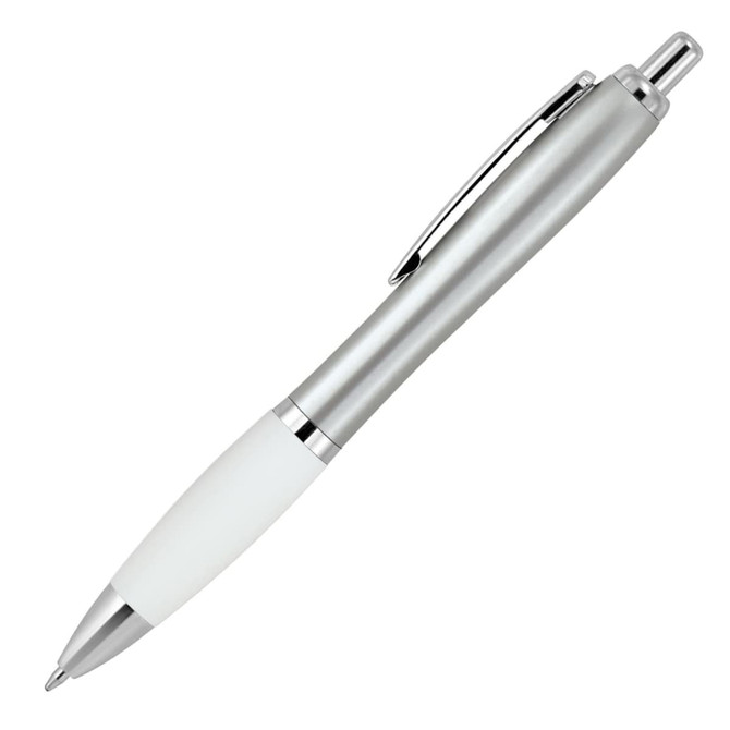 A silver ballpoint pen with a silicone grip and chrome accents, featuring a logo on the body.