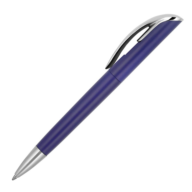 A ballpoint pen in purple with a shiny silver clip and tip, featuring a brand logo on the body.