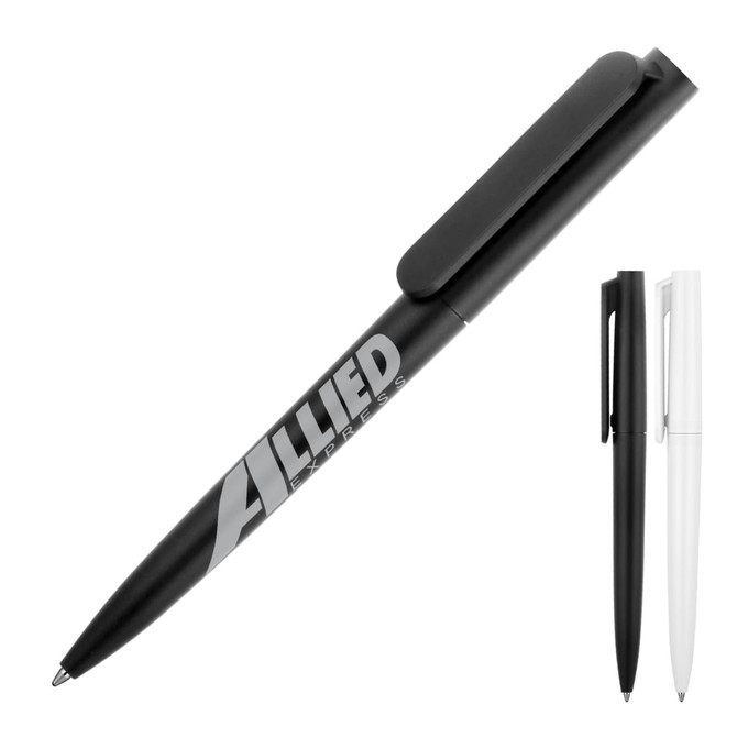 A ballpoint pen with a matte finish in black and white, featuring a clip and a logo.