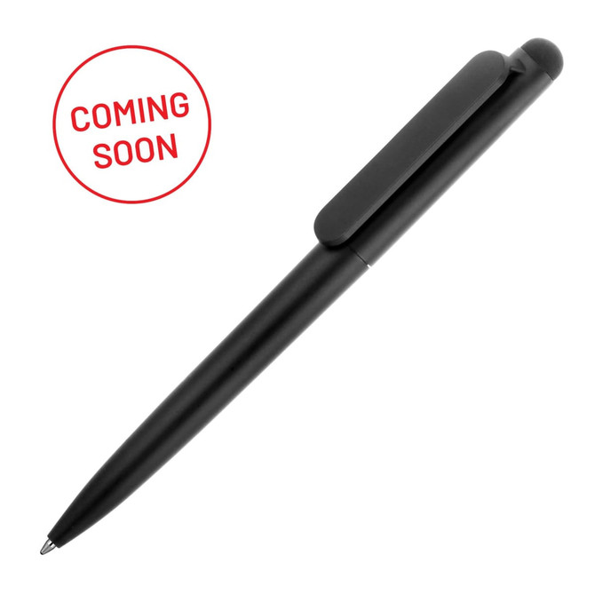 A black plastic ballpoint pen stylus with a sleek design and a clip, featuring a logo.