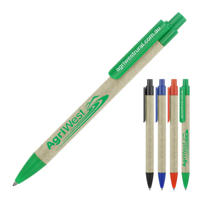 A recycled paper ballpoint pen in sage green, accompanied by a selection of pens in black, blue, red, and orange.