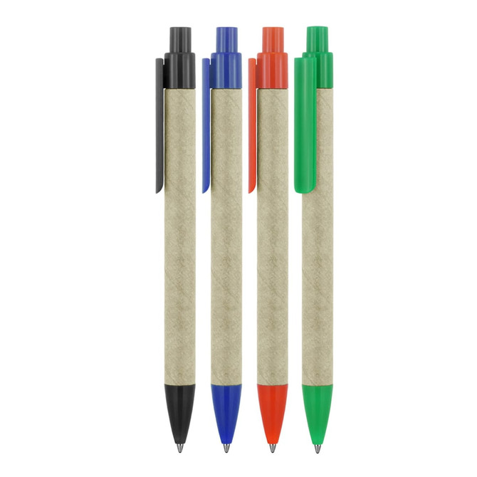 A selection of ballpoint pens with recycled paper barrels in black, blue, orange, and green. Each pen features a clip.
