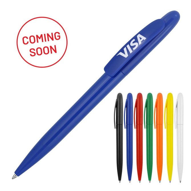 A blue ballpoint pen with a clip, alongside pens in black, red, green, orange, yellow, and white. It has a logo on it.
