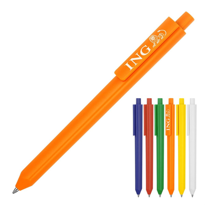 A triangular ballpoint pen in matte orange with multiple colour options: blue, green, black, red, yellow, and white.