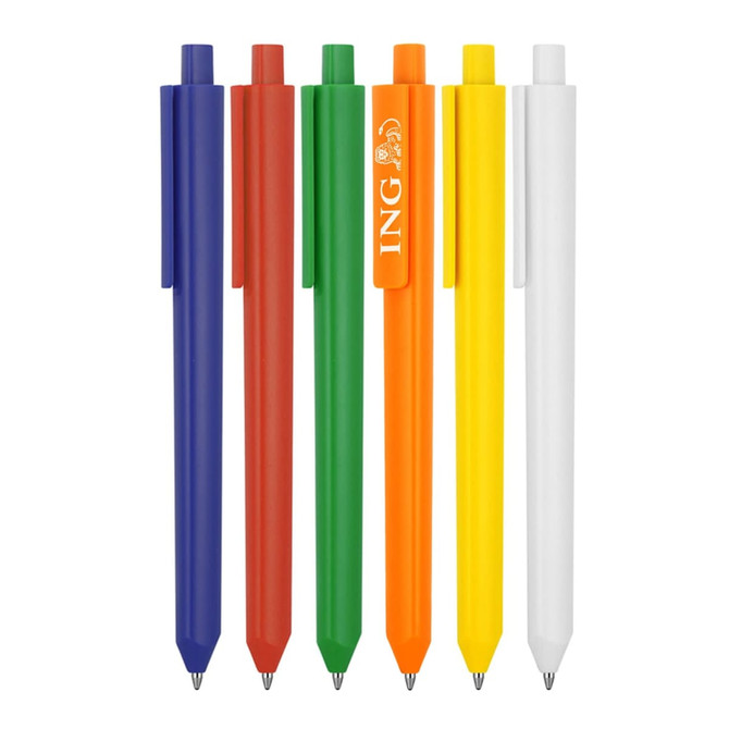 A collection of six triangular ballpoint pens in blue, red, green, orange, yellow, and white, featuring a logo.