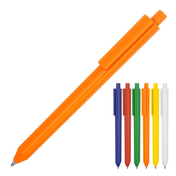 An orange triangular ballpoint pen alongside six other pens in various colours: blue, red, green, yellow, and white.
