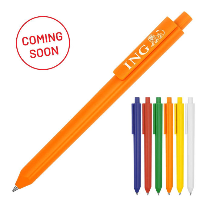 A triangular orange ballpoint pen with a clip and six assorted ink colours: blue, red, green, yellow, black, and white.