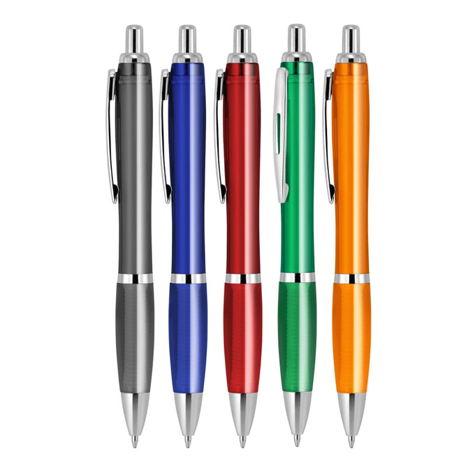 A set of five transparent ballpoint pens in black, blue, red, green, and orange, with silver accents and a logo.