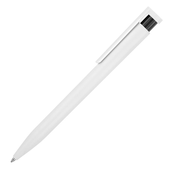A ballpoint pen with a white barrel and black accent, featuring a clip and a rounded tip. It has a logo on the barrel.