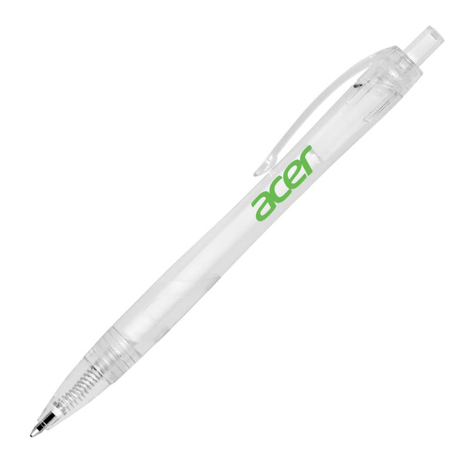 A clear ballpoint pen with a green logo, featuring a recycled PET barrel and a clip for easy attachment.
