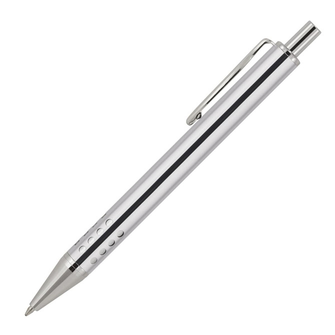 A metal ballpoint pen in silver with a sleek design and a clip, featuring decorative holes along the barrel.