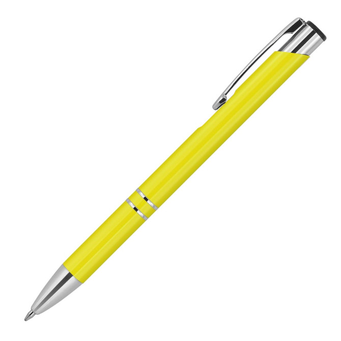 A metallic yellow ballpoint pen with silver accents and a sleek design. It features a clip and a logo.