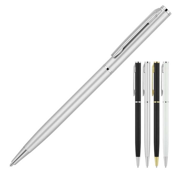 A metal ballpoint pen in matte silver, accompanied by black, white, and gold variants. Featuring a branding logo.