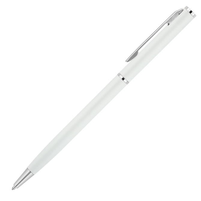 A metal ballpoint pen in matte white with silver accents and a clip, featuring a branding logo.