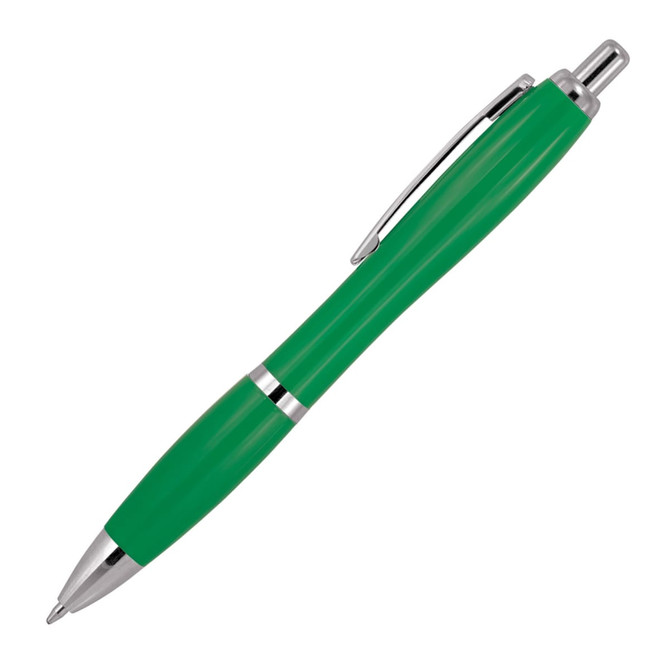 A green ballpoint pen with a sleek design and chrome accents, featuring a clip and a smooth finish.