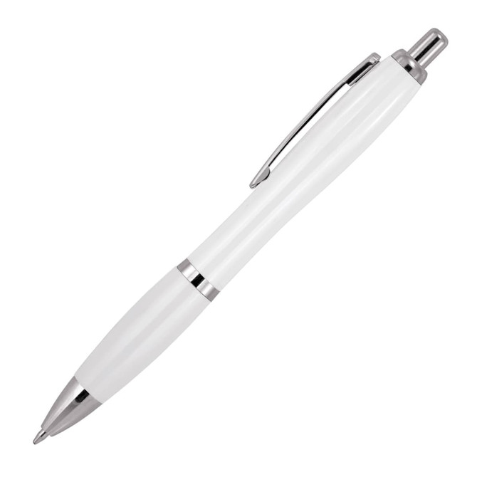 A ballpoint pen in solid white with silver accents and a sleek design. It features a branding logo.