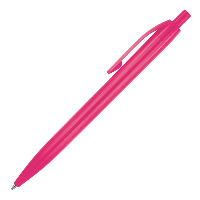 A bright pink ballpoint pen with a click mechanism and a clip for easy attachment. It features a simple design and branding.