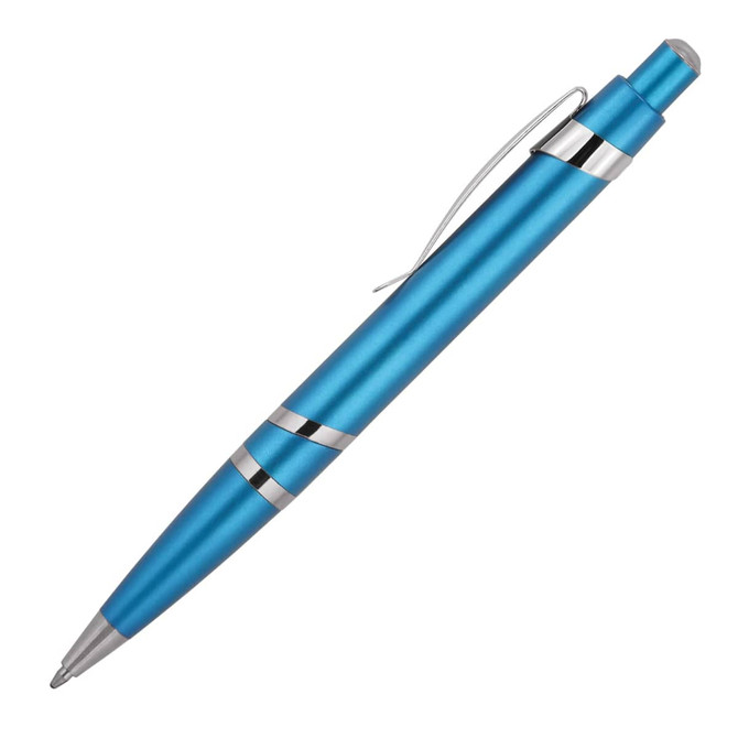 A blue ballpoint pen with silver accents and a clip, featuring a sleek design. It has a branding logo.