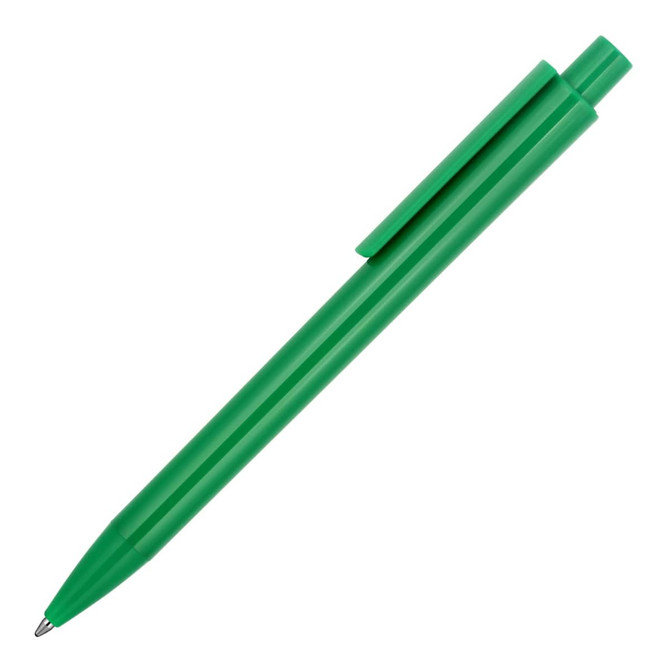 A green ballpoint pen with a glossy finish and a clip. The pen features a logo on its body.