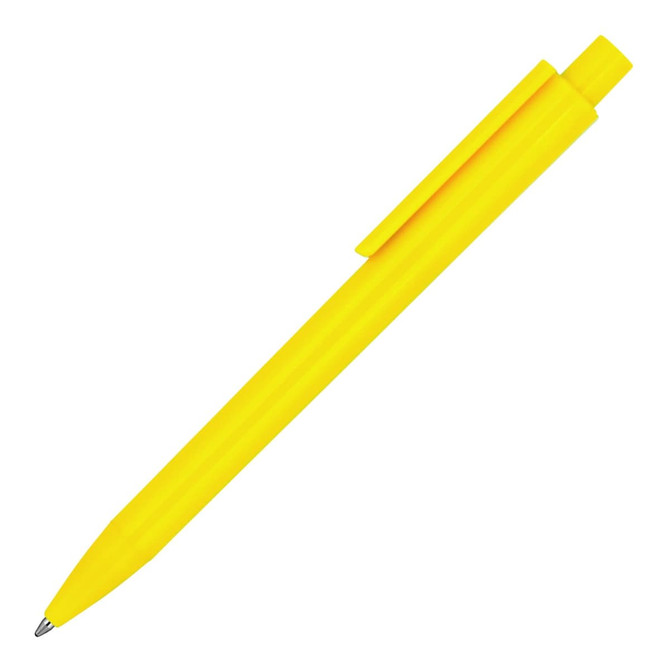 A yellow ballpoint pen with a glossy finish and a clip. Features a simple design and includes a logo.