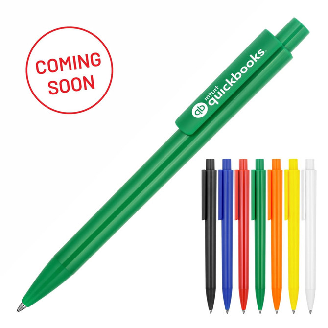A green ballpoint pen stands out among a variety of pens in black, blue, red, orange, yellow, and white, featuring a logo.