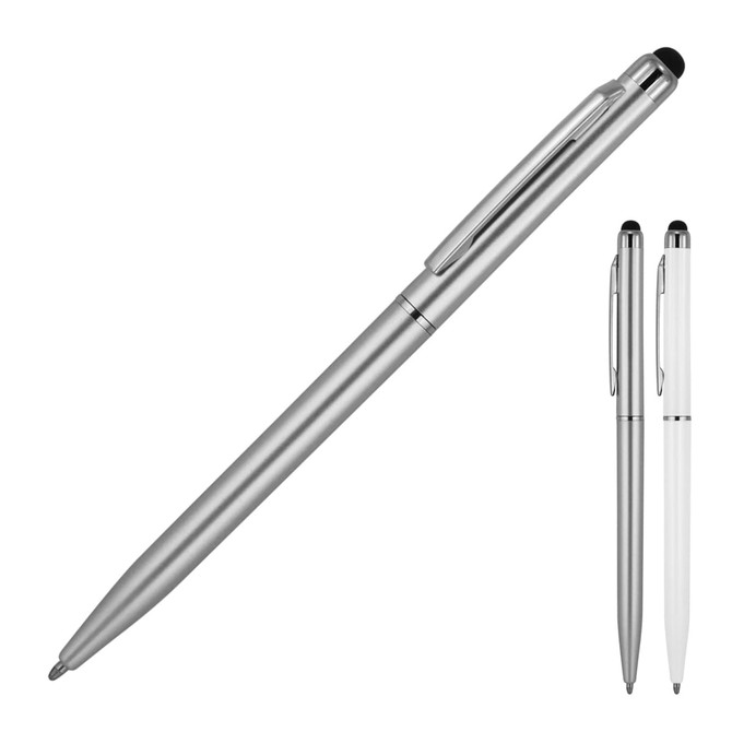 A silver ballpoint pen with a stylus tip, alongside a white version, both featuring a clip and a logo.