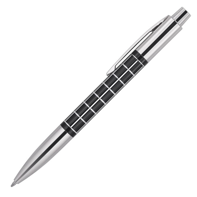 A sleek black and silver ballpoint pen with a patterned grip, featuring a branding logo.