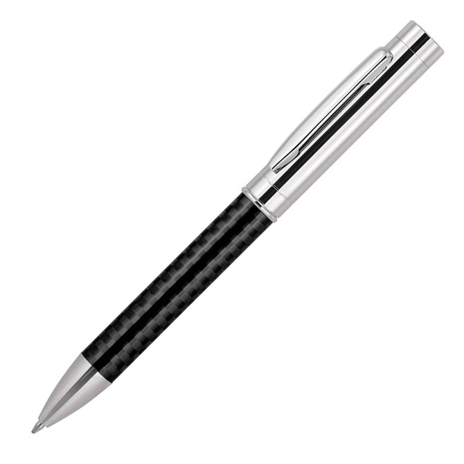 A metal ballpoint pen featuring a carbon fibre finish in black and silver accents, with a sleek design and clip.