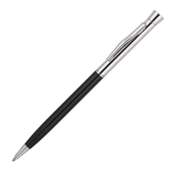 A metal ballpoint pen in black with a silver clip and detailing, featuring a logo on the body.
