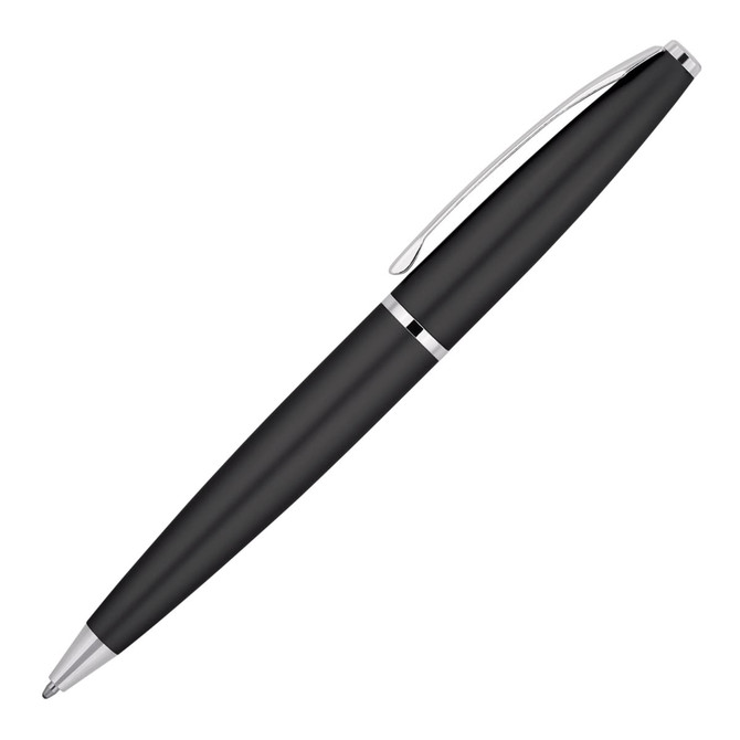 A matte black ballpoint pen with a silver clip and trim, showcasing an elegant executive design.