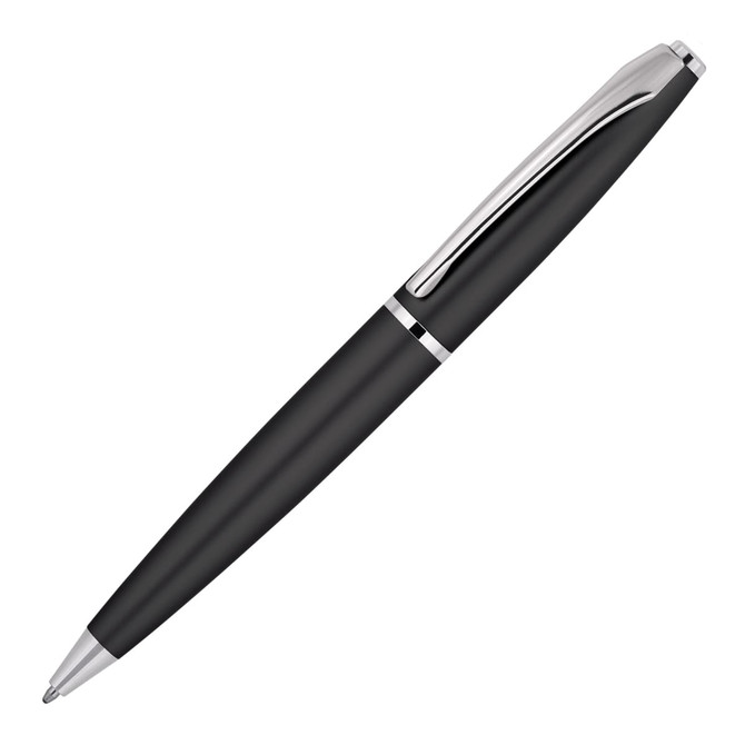 A matte black ballpoint pen with a silver accent and clip. It features a sleek, executive design and branding.