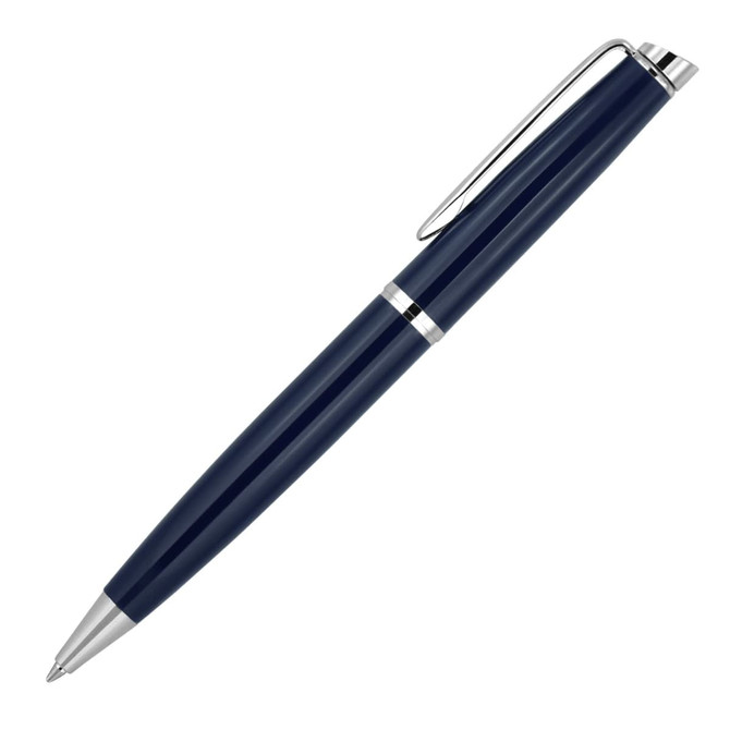 A ballpoint pen in navy blue with chrome trim and a sleek, modern design. Features branding on the surface.