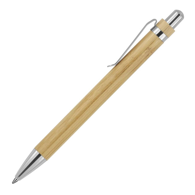 A bamboo ballpoint pen with a silver clip and accents, featuring a natural wood finish.
