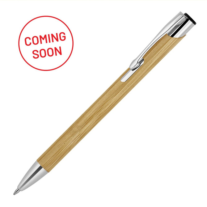 A bamboo ballpoint pen with a shiny silver tip and clip, featuring a branding logo on the body.