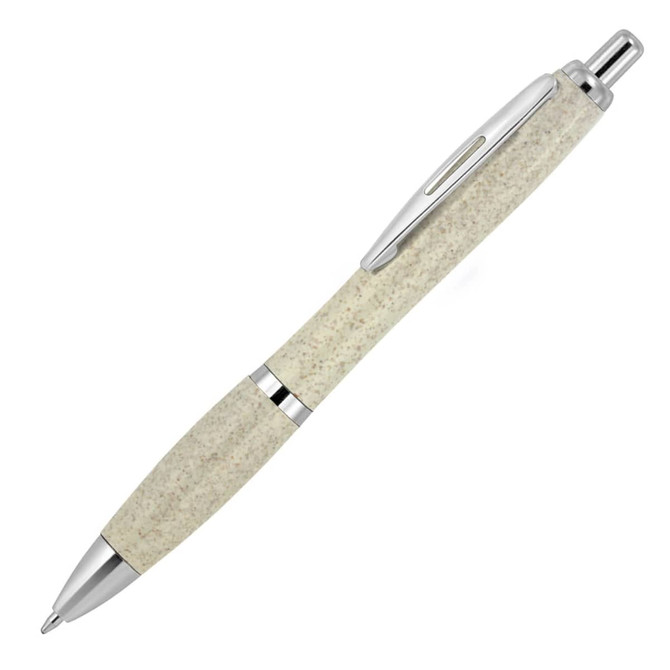 An eco-friendly ballpoint pen in a light wheat colour with a chrome clip and accents. Features branding.