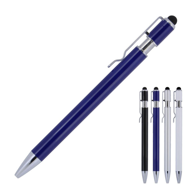 A metal ballpoint pen in blue with a stylus tip, accompanied by additional pens in black, white, and silver.