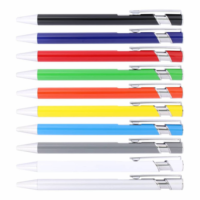 A set of ten ballpoint pens in various colours, each with a white tip and silver accents, featuring a logo.