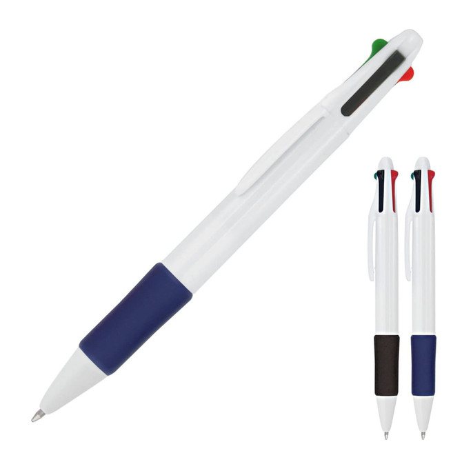 A ballpoint pen in white, featuring a blue grip and red and green accents, with an option for black grip.