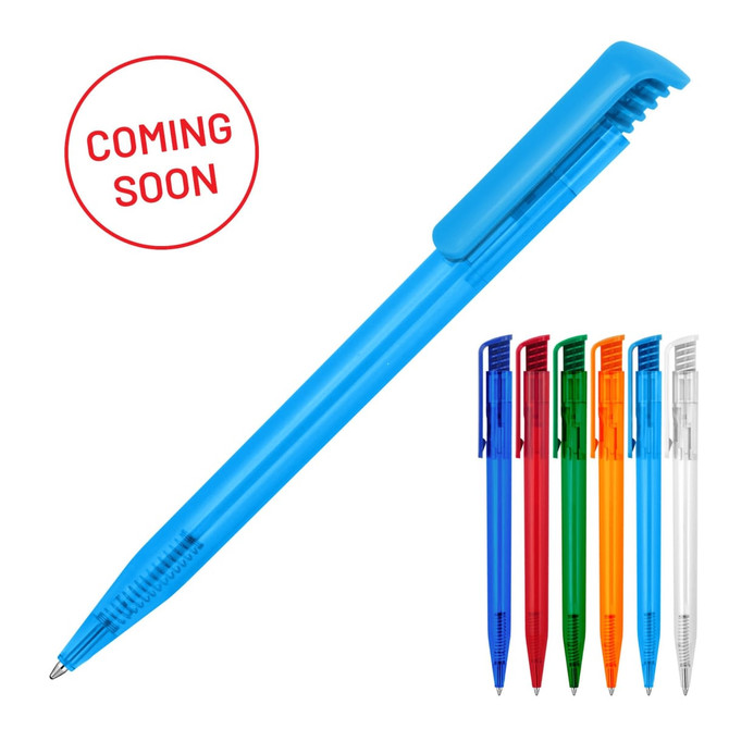 A blue ballpoint pen with a transparent barrel, featuring assorted colours in the background and a logo.