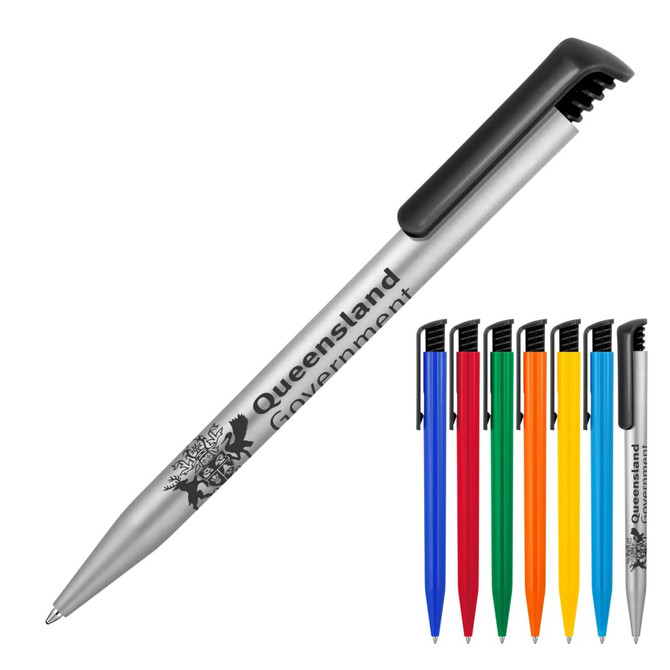 A plastic ballpoint pen featuring a gloss black clip, available in multiple colours including red, blue, yellow, and green.
